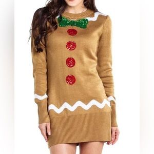 Tipsy Elves Ugly Christmas Gingerbread Sweater Dress sz med with earrings wore 1